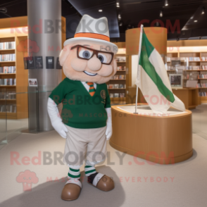Beige Irish Flag mascot costume character dressed with a Graphic Tee and Reading glasses