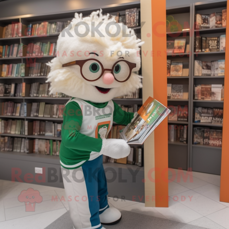 Beige Irish Flag mascot costume character dressed with a Graphic Tee and Reading glasses Beige Irish Flag mascot costume character dressed with a Graphic Tee and Reading glasses