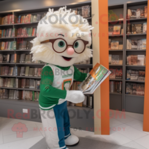 Beige Irish Flag mascot costume character dressed with a Graphic Tee and Reading glasses