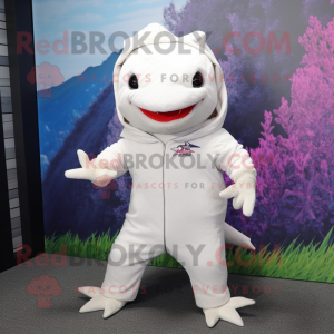 White Axolotls mascot costume character dressed with a Hoodie and Pocket squares
