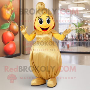 Gold Plum mascot costume character dressed with a Mom Jeans and Earrings