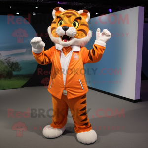 Orange Tiger mascot costume character dressed with a Button-Up Shirt and Shawls