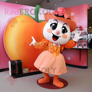 Peach Contortionist mascot costume character dressed with a Dress and Briefcases