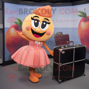 Peach Contortionist mascot costume character dressed with a Dress and Briefcases