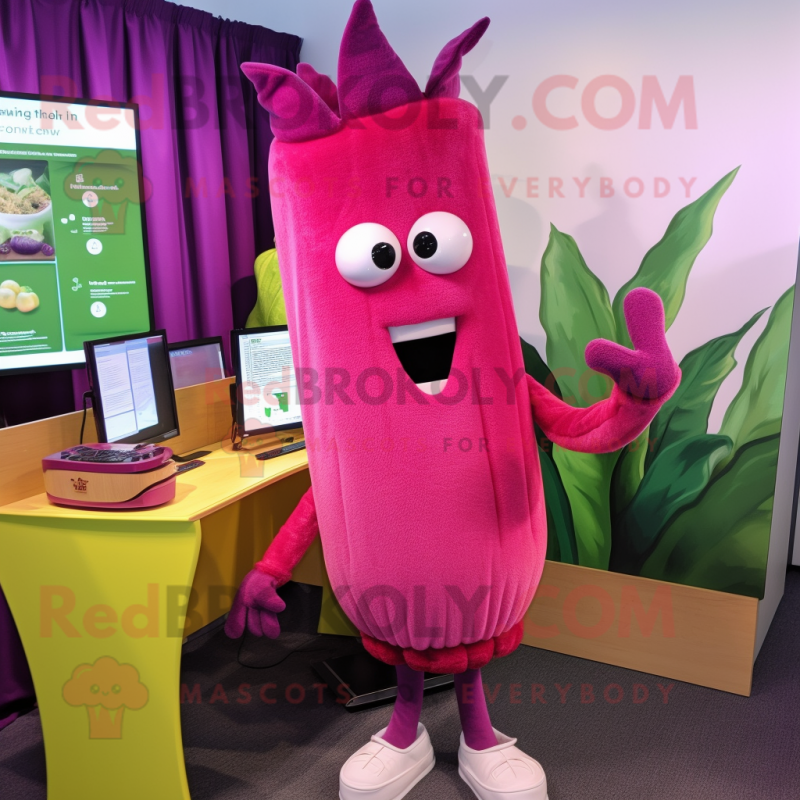 Magenta Celery mascot costume character dressed with a Capri Pants and Earrings