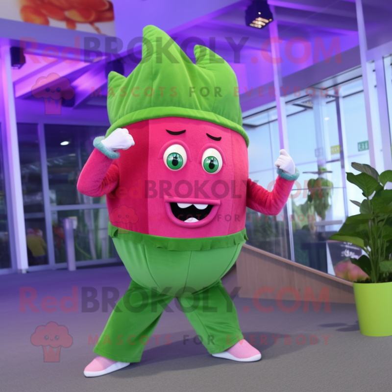Magenta Celery mascot costume character dressed with a Capri Pants and Earrings