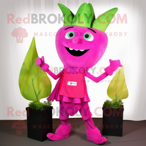 Magenta Celery mascot costume character dressed with a Capri Pants and Earrings