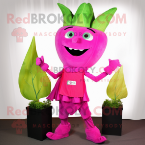 Magenta Celery mascot costume character dressed with a Capri Pants and Earrings
