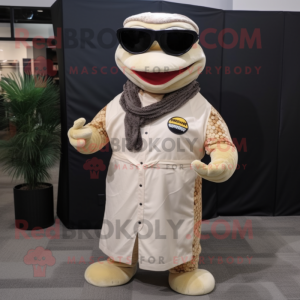 Beige Python mascot costume character dressed with a Jumpsuit and Eyeglasses