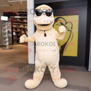 Beige Python mascot costume character dressed with a Jumpsuit and Eyeglasses