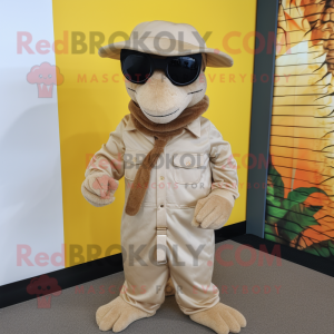Beige Python mascot costume character dressed with a Jumpsuit and Eyeglasses