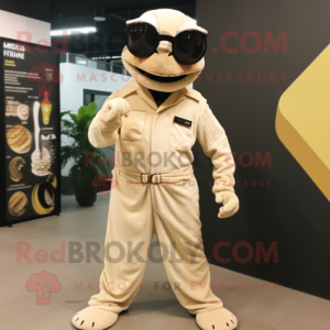 Beige Python mascot costume character dressed with a Jumpsuit and Eyeglasses
