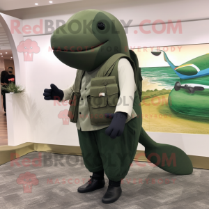 Olive Humpback Whale mascot costume character dressed with a Tank Top and Messenger bags