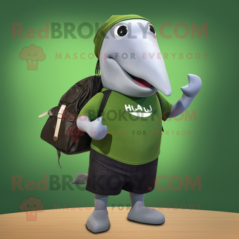 Olive Humpback Whale mascot costume character dressed with a Tank Top and Messenger bags