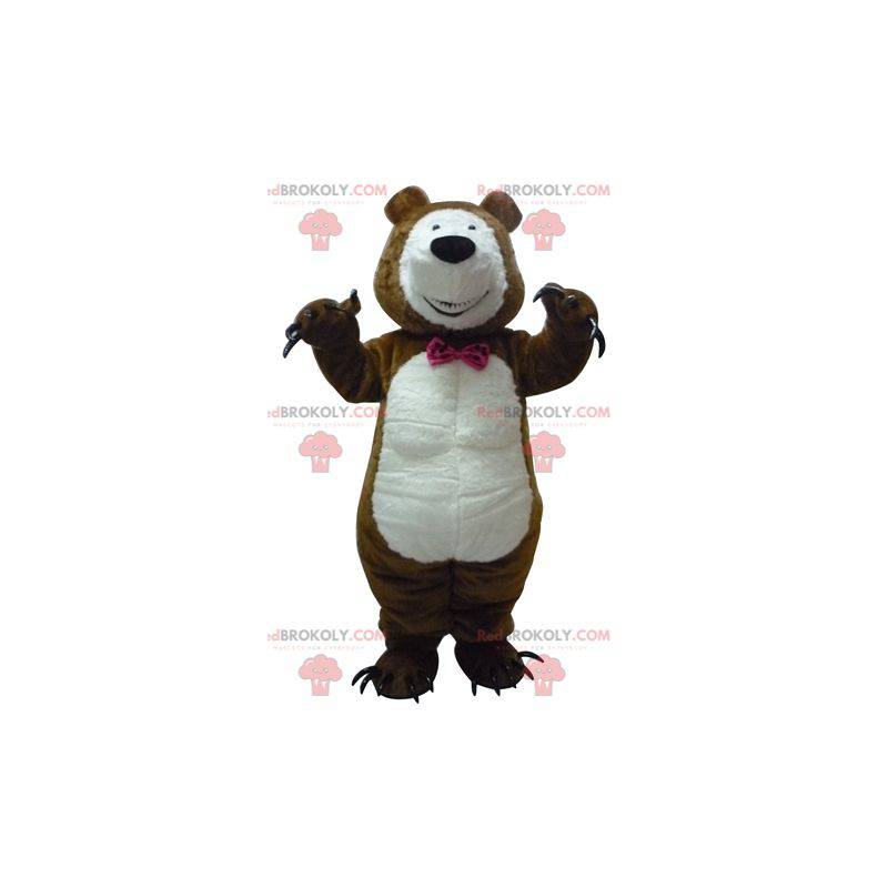 Mascote urso de pelúcia marrom e branco com garras -