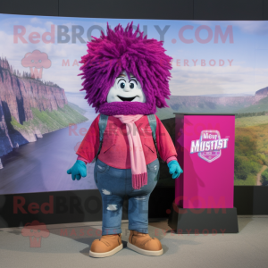 Magenta Shepard'S Pie mascot costume character dressed with a Denim Shirt and Shawl pins