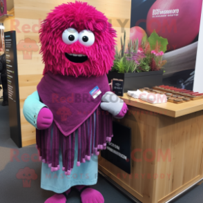 Magenta Shepard'S Pie mascot costume character dressed with a Denim Shirt and Shawl pins