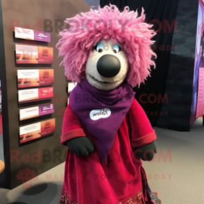 Magenta Shepard'S Pie mascot costume character dressed with a Denim Shirt and Shawl pins