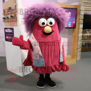 Magenta Shepard'S Pie mascot costume character dressed with a Denim Shirt and Shawl pins