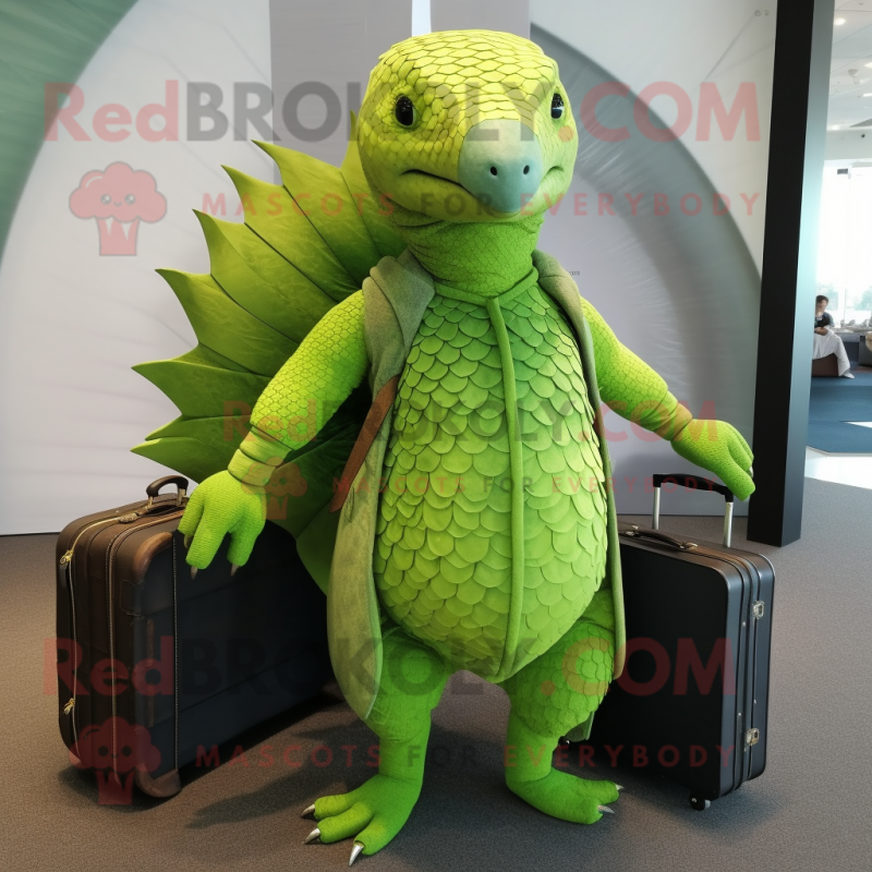 Lime Green Pangolin mascot costume character dressed with a Wrap Dress and Briefcases Lime Green Pangolin mascot costume character dressed with a Wrap Dress and Briefcases