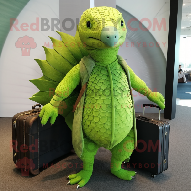 Lime Green Pangolin mascot costume character dressed with a Wrap Dress and Briefcases