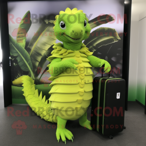 Lime Green Pangolin mascot costume character dressed with a Wrap Dress and Briefcases