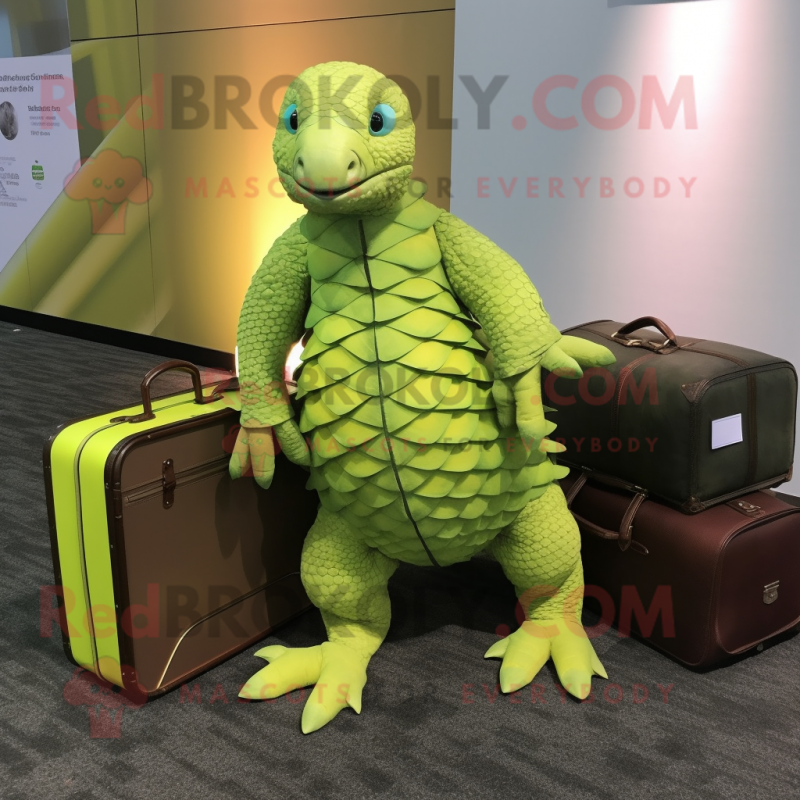 Lime Green Pangolin mascot costume character dressed with a Wrap Dress and Briefcases