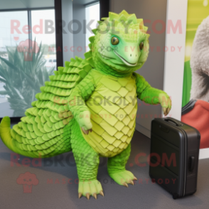 Lime Green Pangolin mascot costume character dressed with a Wrap Dress and Briefcases