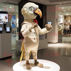 Beige Parrot mascot costume character dressed with a Bodysuit and Brooches