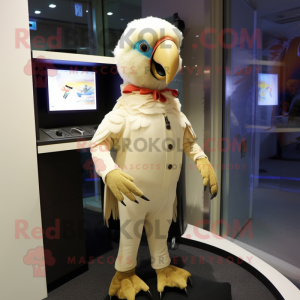 Beige Parrot mascot costume character dressed with a Bodysuit and Brooches