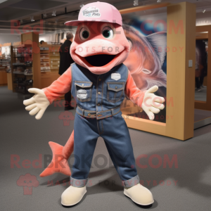 Pink Salmon mascot costume character dressed with a Bootcut Jeans and Hat pins