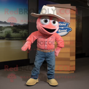 Pink Salmon mascot costume character dressed with a Bootcut Jeans and Hat pins