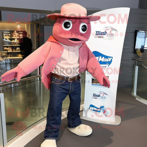 Pink Salmon mascot costume character dressed with a Bootcut Jeans and Hat pins