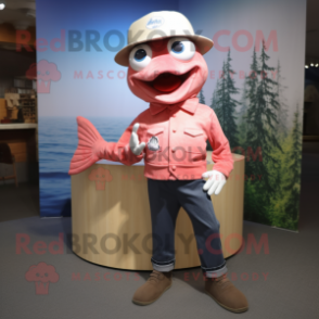 Pink Salmon mascot costume character dressed with a Bootcut Jeans and Hat pins