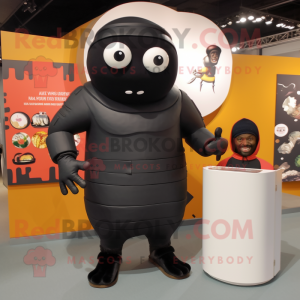 Black Human Cannon Ball mascot costume character dressed with a Sweater and Wallets