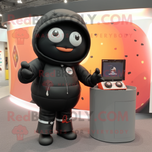 Black Human Cannon Ball mascot costume character dressed with a Sweater and Wallets