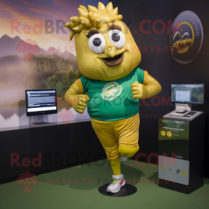 Gold Spinach mascot costume character dressed with a Running Shorts and Digital watches