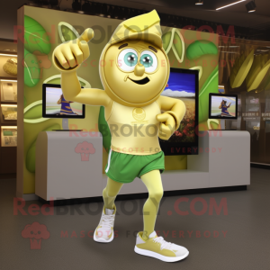 Gold Spinach mascot costume character dressed with a Running Shorts and Digital watches