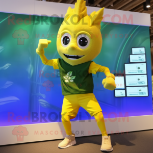 Gold Spinach mascot costume character dressed with a Running Shorts and Digital watches