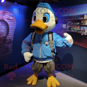 Blue Gosling mascot costume character dressed with a Bomber Jacket and Backpacks