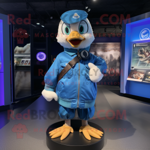 Blue Gosling mascot costume character dressed with a Bomber Jacket and Backpacks