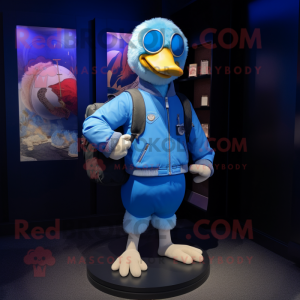 Blue Gosling mascot costume character dressed with a Bomber Jacket and Backpacks