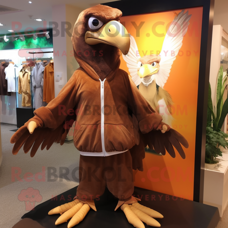Brown Archeopteryx mascot costume character dressed with a Windbreaker and Shawl pins Brown Archeopteryx mascot costume character dressed with a Windbreaker and Shawl pins
