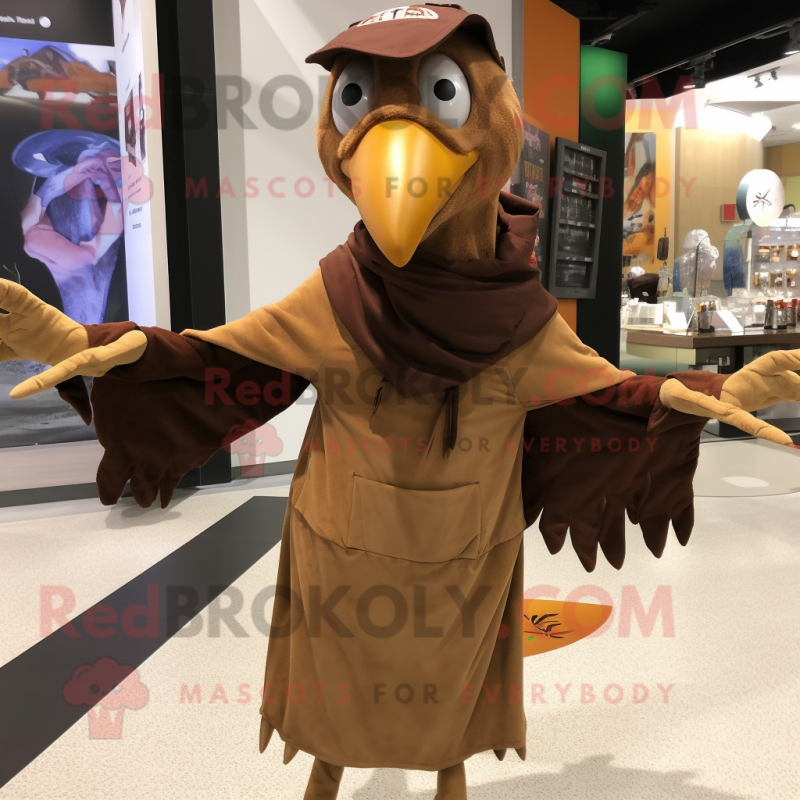 Brown Archeopteryx mascot costume character dressed with a Windbreaker and Shawl pins Brown Archeopteryx mascot costume character dressed with a Windbreaker and Shawl pins