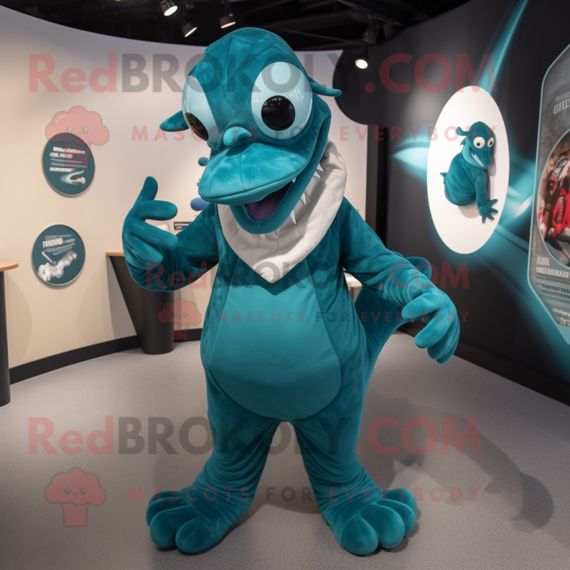 Teal Hydra mascot costume character dressed with a Coat and Hats Teal Hydra mascot costume character dressed with a Coat and Hats