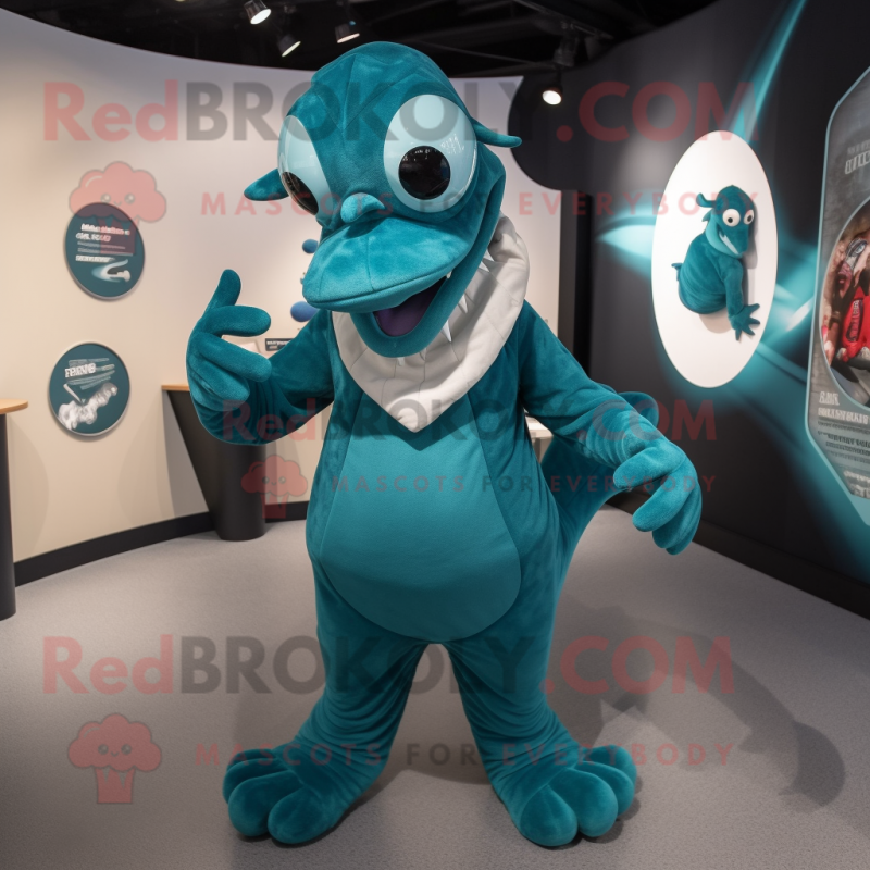 Teal Hydra mascot costume character dressed with a Coat and Hats