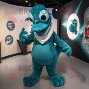 Teal Hydra mascot costume character dressed with a Coat and Hats