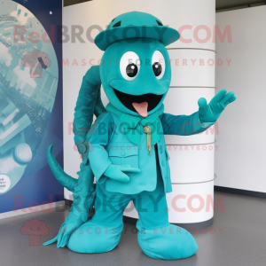 Teal Hydra mascot costume character dressed with a Coat and Hats