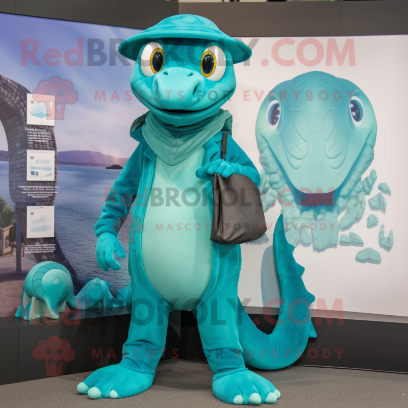 Teal Hydra mascot costume character dressed with a Coat and Hats Teal Hydra mascot costume character dressed with a Coat and Hats