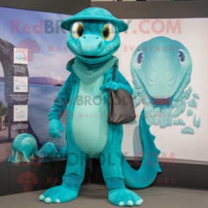 Teal Hydra mascot costume character dressed with a Coat and Hats